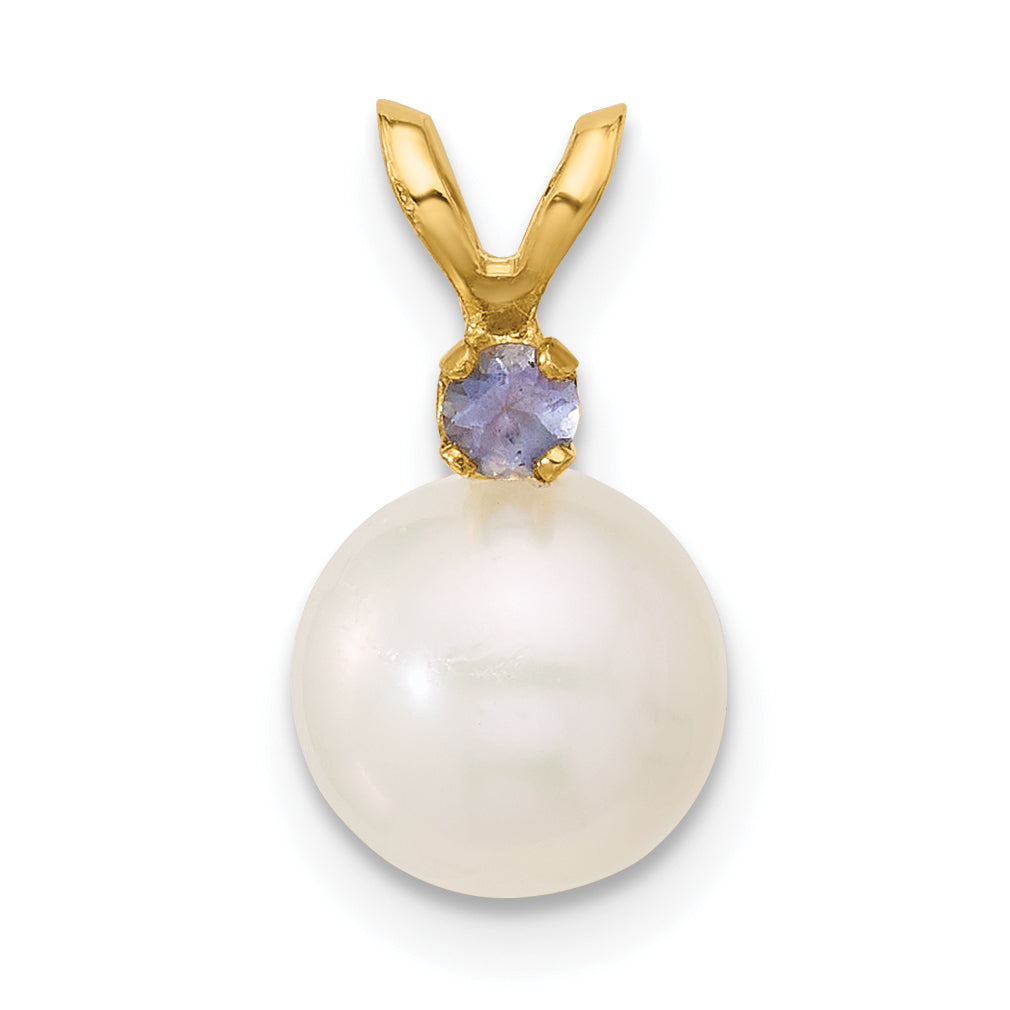 14k Yellow Gold 14k 7-7.5mm White Round Freshwater Cultured Pearl and .07TZ Tanzanite Pendant