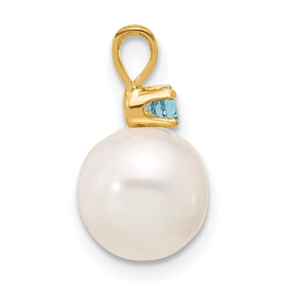 14k Yellow Gold 14k 8-8.5mm White Round Freshwater Cultured Pearl and .09BT Blue Topaz Pendant