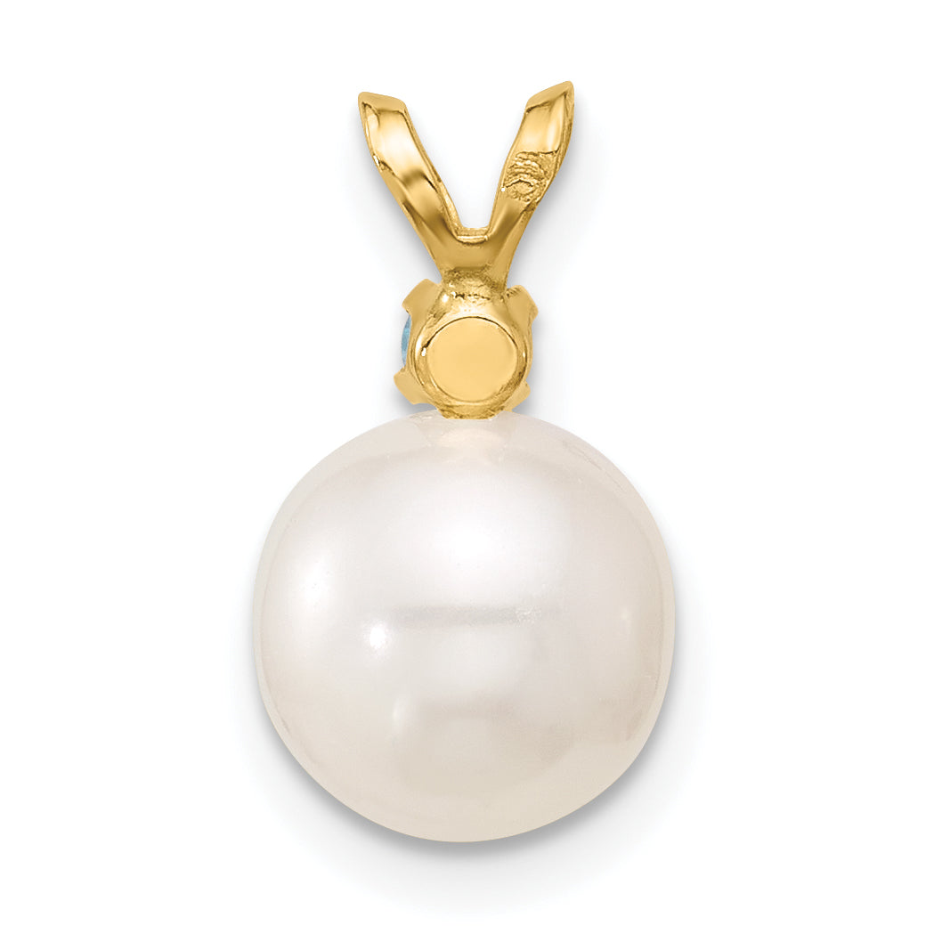 14k Yellow Gold 14k 8-8.5mm White Round Freshwater Cultured Pearl and .09BT Blue Topaz Pendant