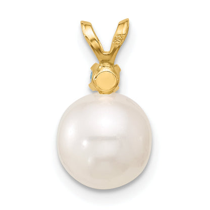 14k Yellow Gold 14k 8-8.5mm White Round Freshwater Cultured Pearl and .09BT Blue Topaz Pendant