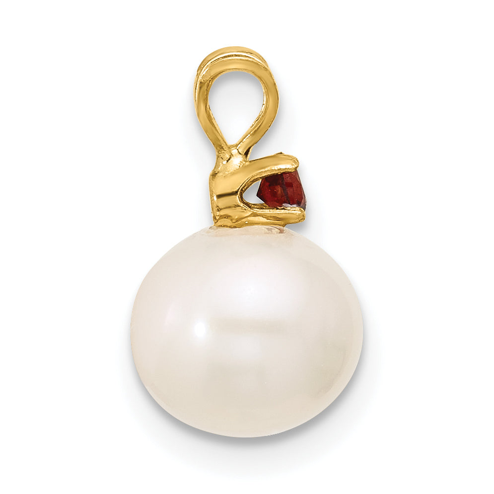 14k Yellow Gold 14k 8-8.5mm White Round Freshwater Cultured Pearl and .09GA Garnet Pendant