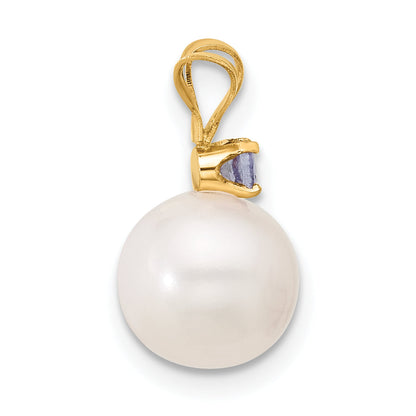 14k Yellow Gold 14k 8-8.5mm White Round Freshwater Cultured Pearl and .07TZ Tanzanite Pendant