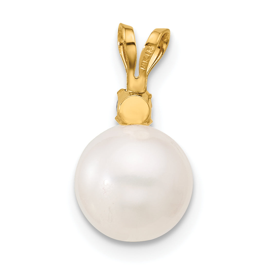14k Yellow Gold 14k 8-8.5mm White Round Freshwater Cultured Pearl and .07TZ Tanzanite Pendant