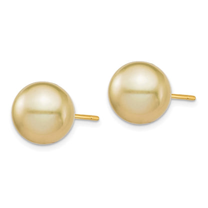 14K Yellow Gold 10 11mm Round Golden South Sea Saltwater Cultured Pearl Post Earrings