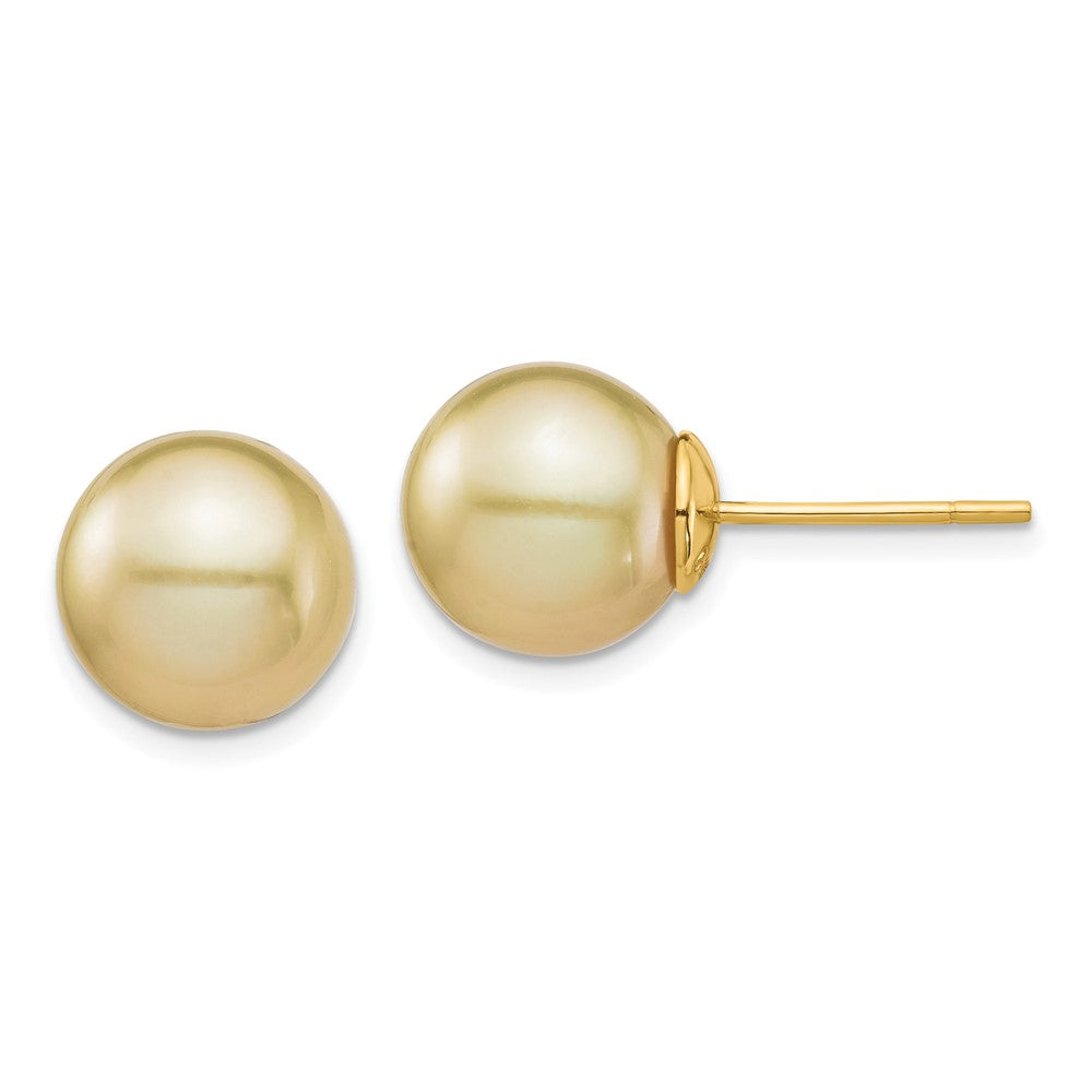 14K Yellow Gold 10 11mm Round Golden South Sea Saltwater Cultured Pearl Post Earrings