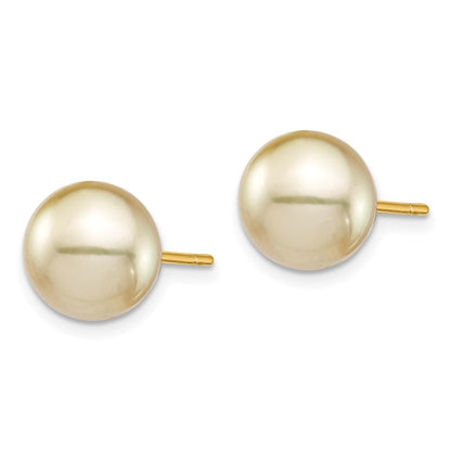 14K Yellow Gold 9 10mm Round Golden South Sea Saltwater Cultured Pearl Post Earrings