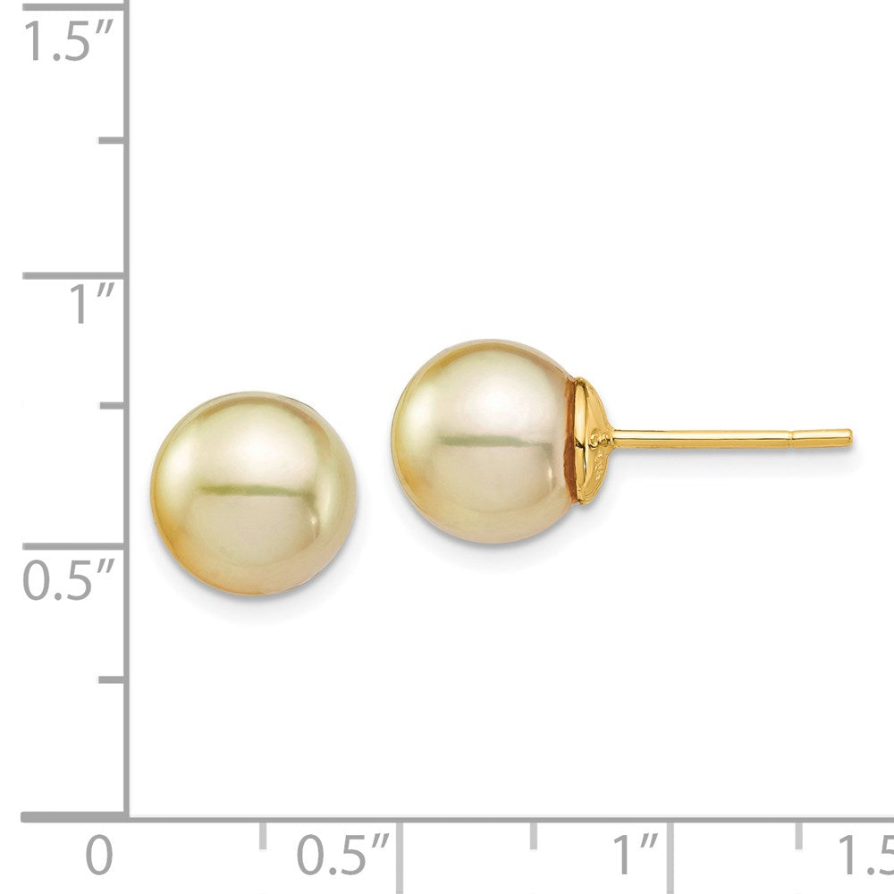 14K Yellow Gold 9 10mm Round Golden South Sea Saltwater Cultured Pearl Post Earrings