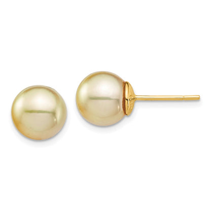 14K Yellow Gold 9 10mm Round Golden South Sea Saltwater Cultured Pearl Post Earrings