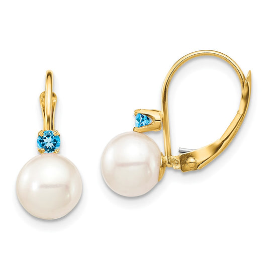 14K Yellow Gold 7 7.5mm White Round Freshwater Cultured Pearl And .18Bt Swiss Blue Topaz Leverback Earrings