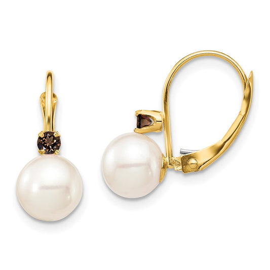 14K Yellow Gold 7 7.5mm White Round Fwc Pearl Smoky Quartz Leverback Earrings