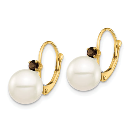 14K Yellow Gold 8 8.5mm White Round Fwc Pearl Smokey Quartz Leverback Earrings