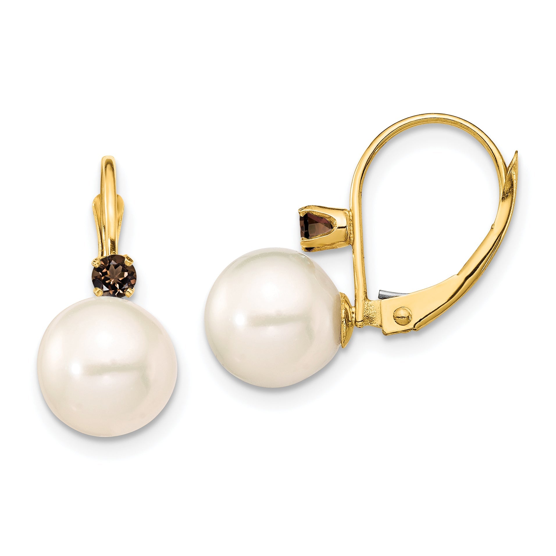 14K Yellow Gold 8 8.5mm White Round Fwc Pearl Smokey Quartz Leverback Earrings