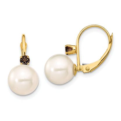 14K Yellow Gold 8 8.5mm White Round Fwc Pearl Smokey Quartz Leverback Earrings