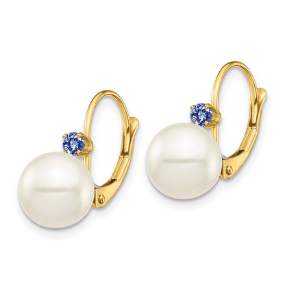 14K Yellow Gold 8 8.5mm White Round Freshwater Cultured Pearl And .14Tz Tanzanite Leverback Earrings