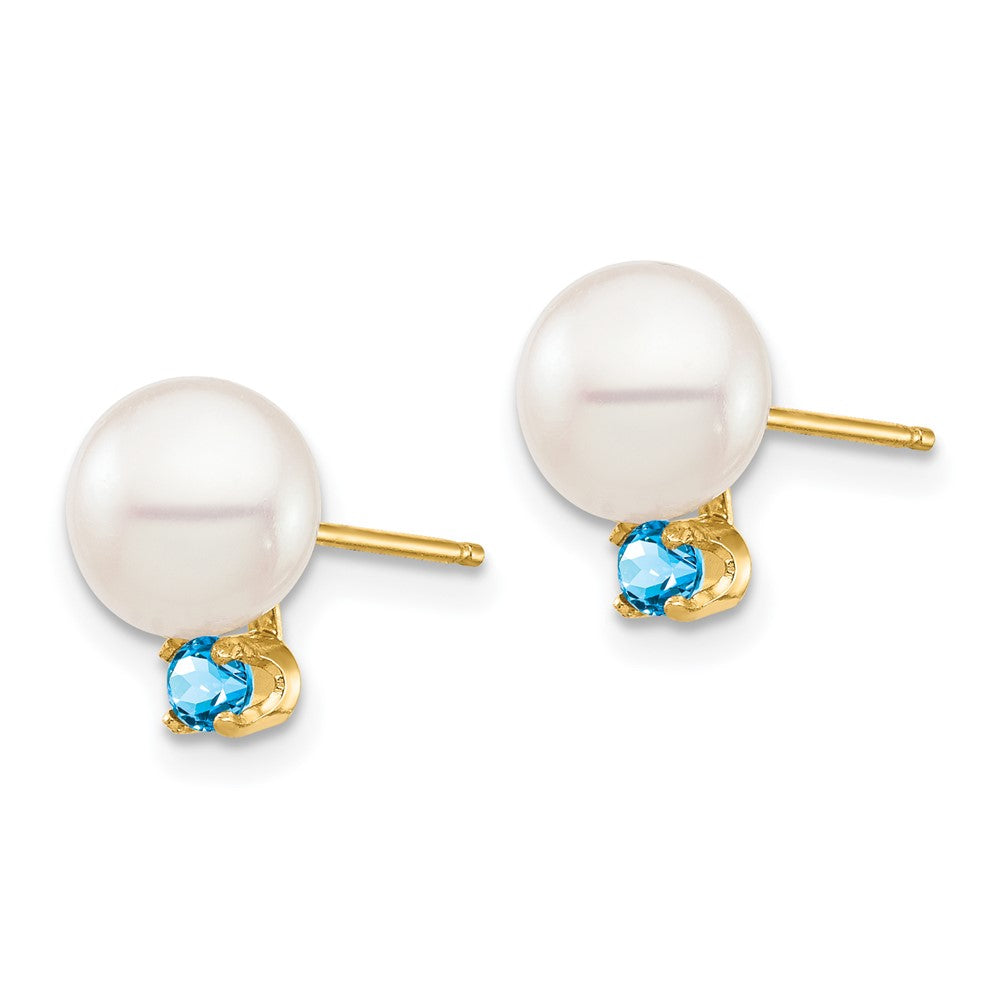 14K Yellow Gold 7 7.5mm White Round Freshwater Cultured Pearl And .18Bt Swiss Blue Topaz Post Earrings