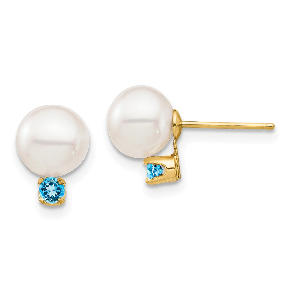 14K Yellow Gold 7 7.5mm White Round Freshwater Cultured Pearl And .18Bt Swiss Blue Topaz Post Earrings