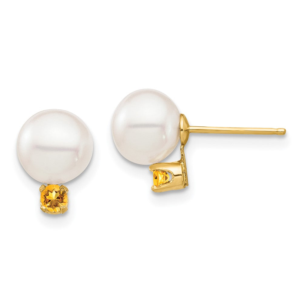 14K Yellow Gold 7 7.5mm White Round Freshwater Cultured Pearl And .14Ci Citrine Post Earrings