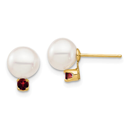 14K Yellow Gold 7 7.5mm White Round Freshwater Cultured Pearl And .18Ga Garnet Post Earrings
