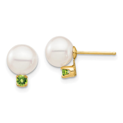 14K Yellow Gold 7 7.5mm White Round Freshwater Cultured Pearl And .14Pe Peridot Post Earrings
