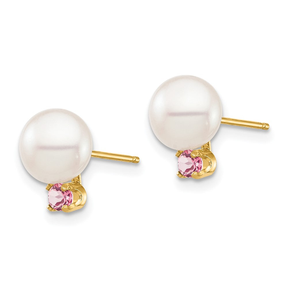14K Yellow Gold 7 7.5mm White Round Freshwater Cultured Pearl And .14Pt Pink Topaz Post Earrings