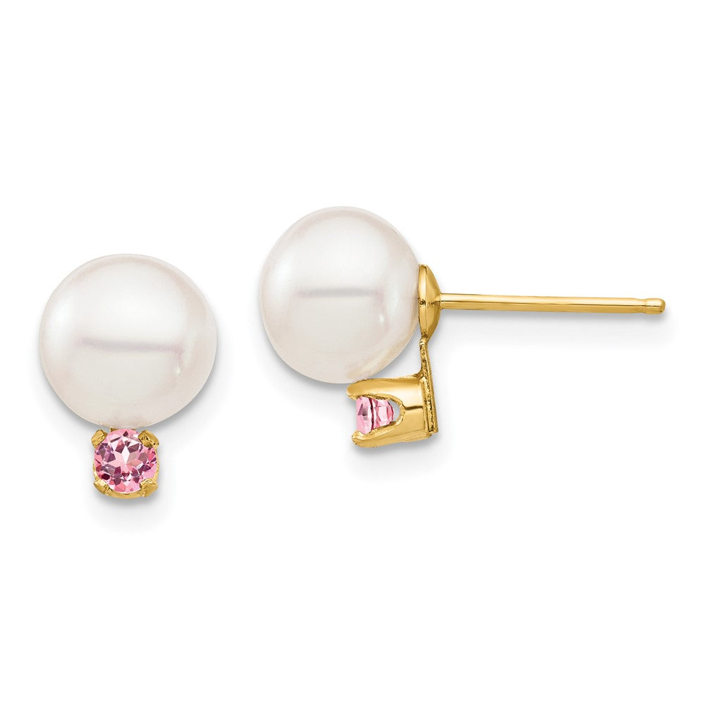 14K Yellow Gold 7 7.5mm White Round Freshwater Cultured Pearl And .14Pt Pink Topaz Post Earrings
