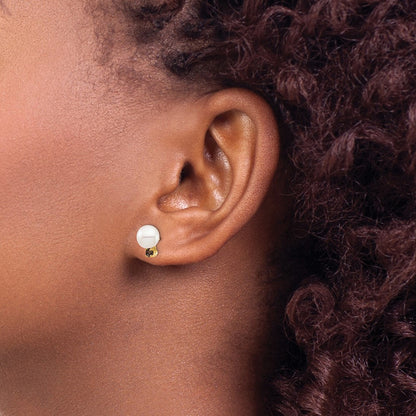 14K Yellow Gold 7 7.5mm White Round Freshwater Cultured Pearl And .18Sq Smokey Quartz Post Earrings