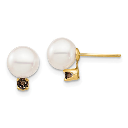 14K Yellow Gold 7 7.5mm White Round Freshwater Cultured Pearl And .18Sq Smokey Quartz Post Earrings