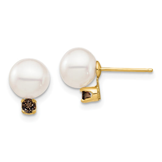 14K Yellow Gold 7 7.5mm White Round Freshwater Cultured Pearl And .18Sq Smokey Quartz Post Earrings