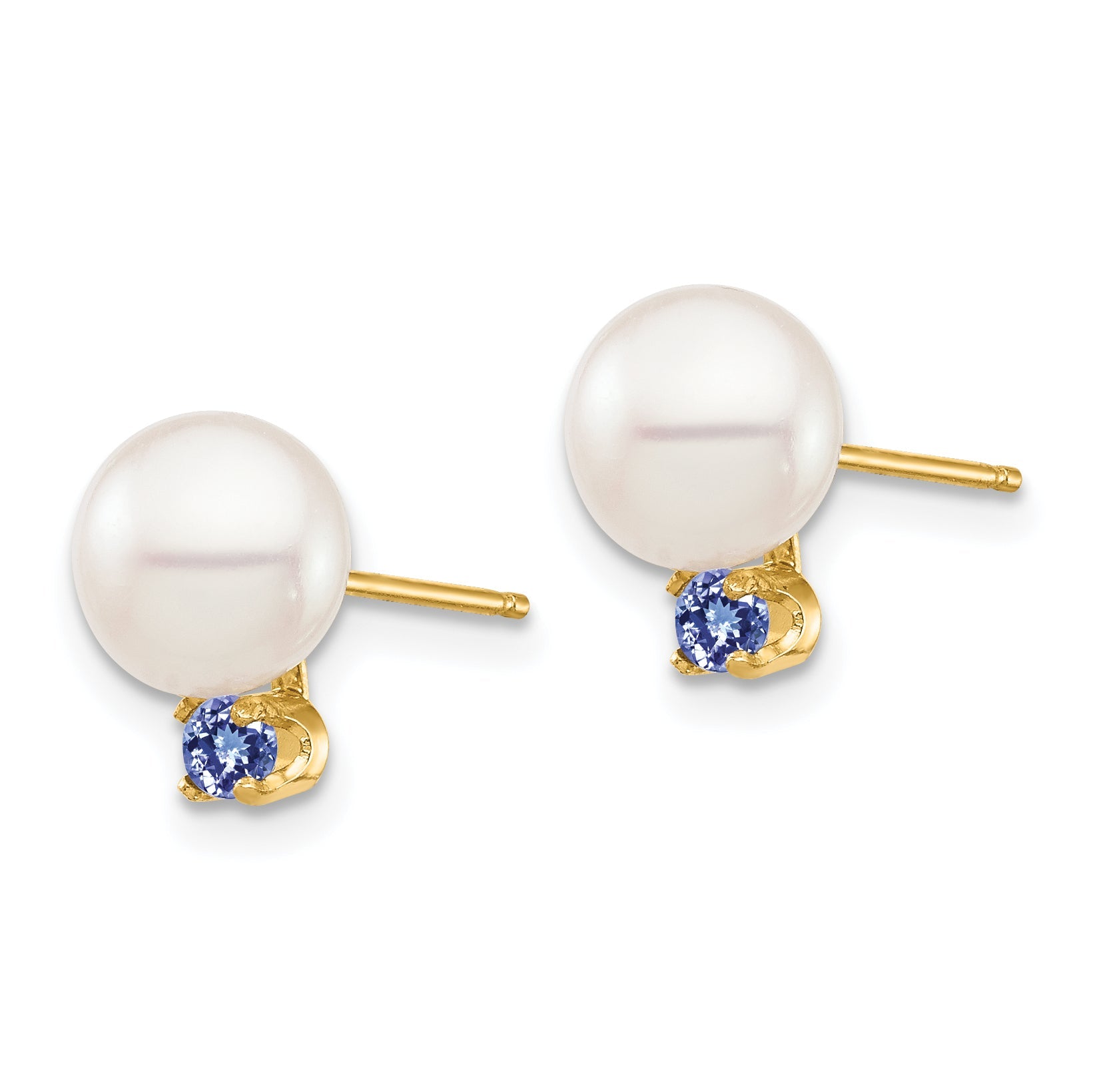 14K Yellow Gold 7 7.5mm White Round Freshwater Cultured Pearl And .14Tz Tanzanite Post Earrings