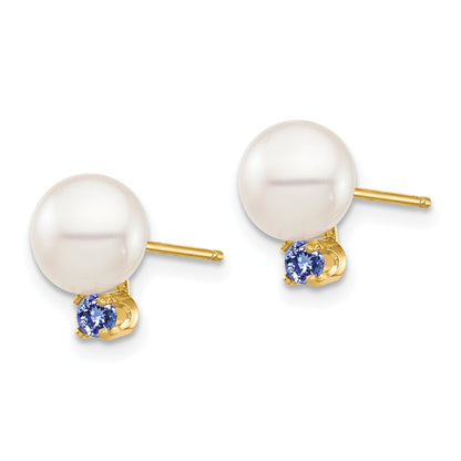 14K Yellow Gold 7 7.5mm White Round Freshwater Cultured Pearl And .14Tz Tanzanite Post Earrings