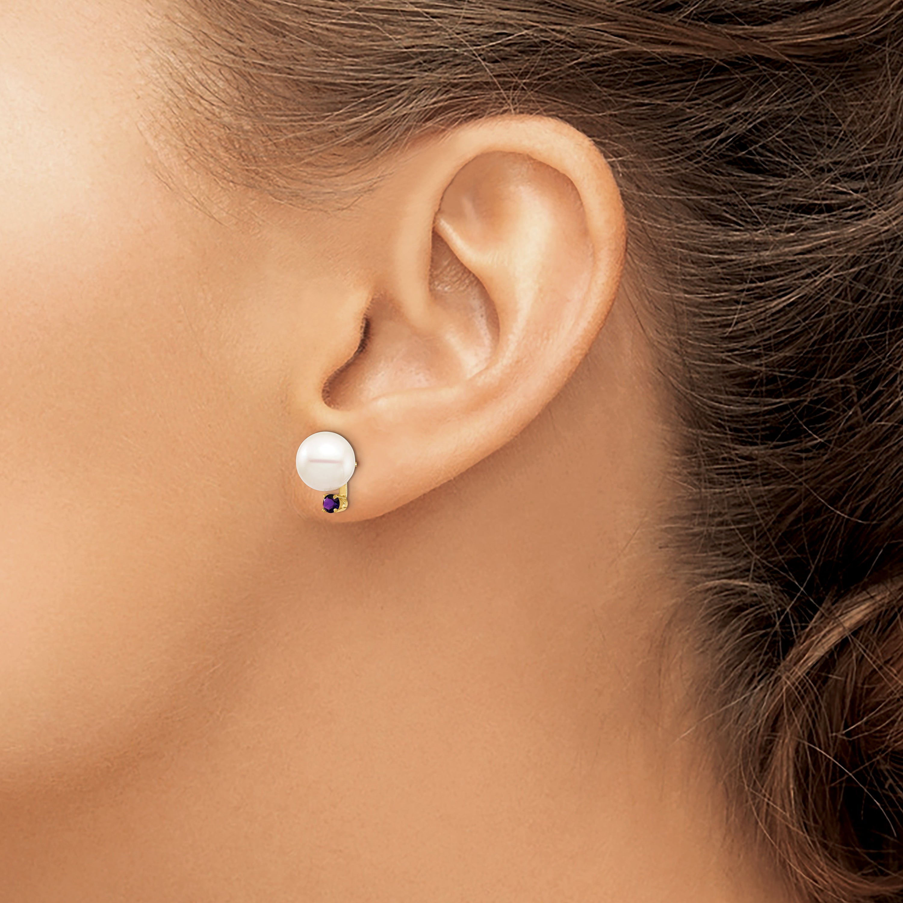 14K Yellow Gold 8 8.5mm White Round Freshwater Cultured Pearl And .14Am Amethyst Post Earrings