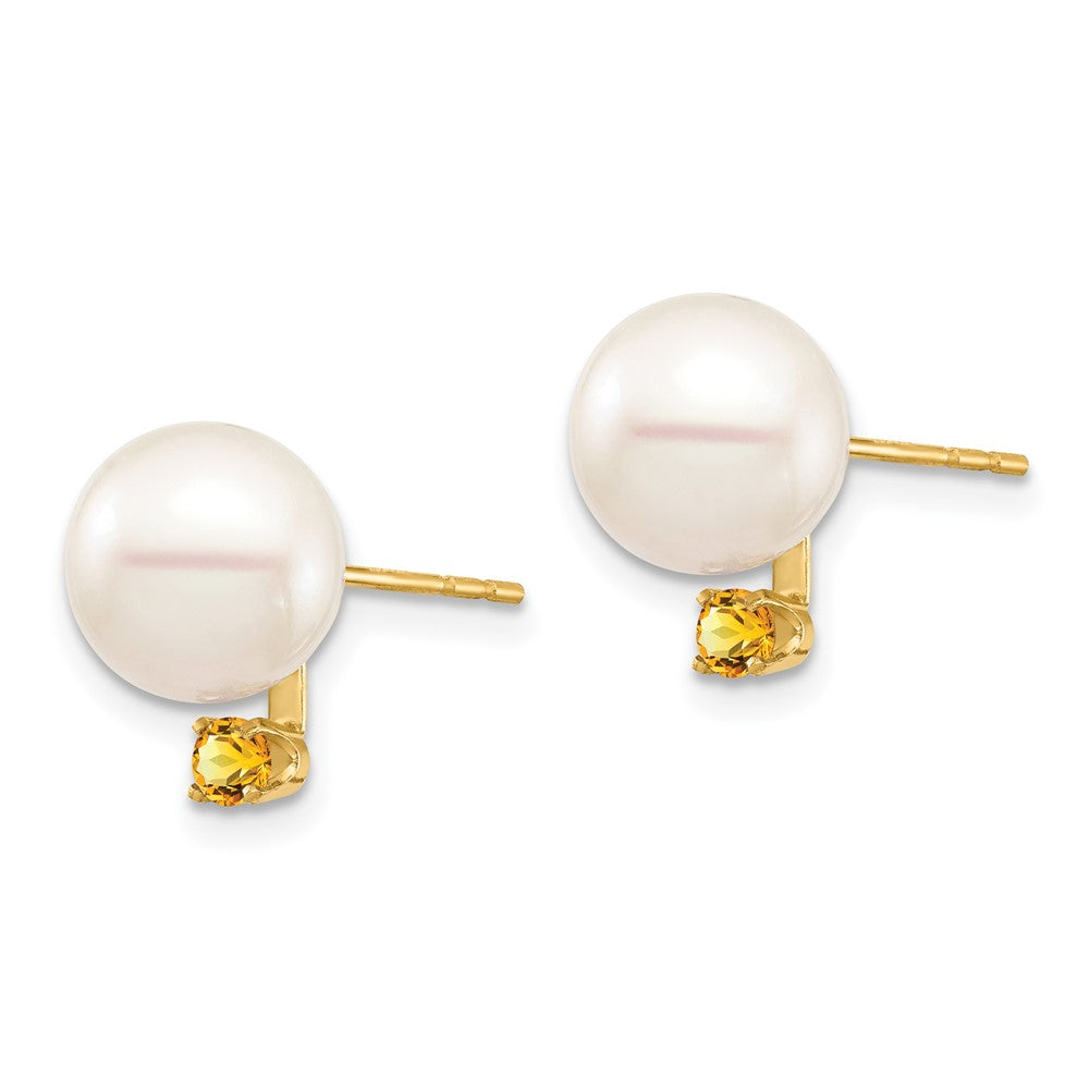 14K Yellow Gold 8 8.5mm White Round Freshwater Cultured Pearl And .14Ci Citrine Post Earrings