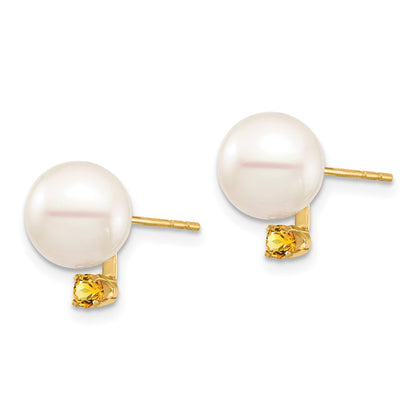 14K Yellow Gold 8 8.5mm White Round Freshwater Cultured Pearl And .14Ci Citrine Post Earrings