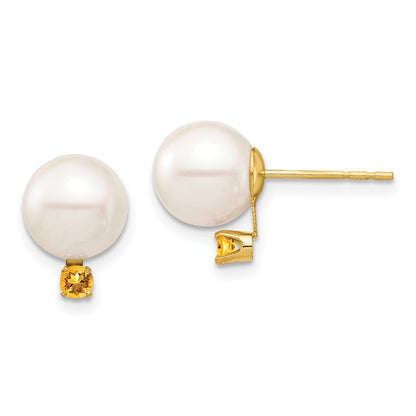 14K Yellow Gold 8 8.5mm White Round Freshwater Cultured Pearl And .14Ci Citrine Post Earrings