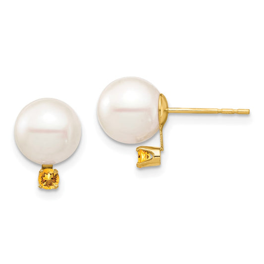 14K Yellow Gold 8 8.5mm White Round Freshwater Cultured Pearl And .14Ci Citrine Post Earrings