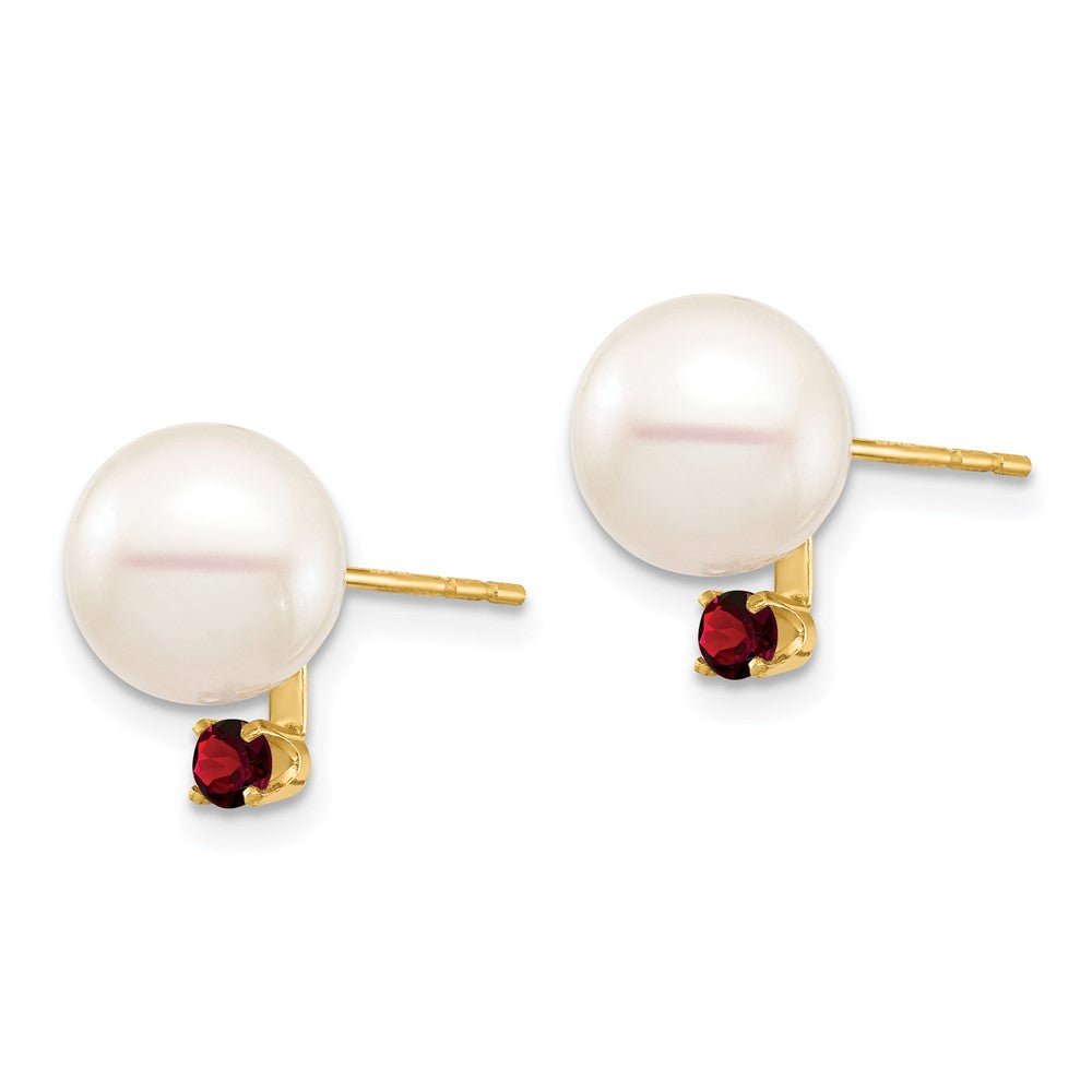 14K Yellow Gold 8 8.5mm White Round Freshwater Cultured Pearl And .18Ga Garnet Post Earrings