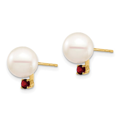 14K Yellow Gold 8 8.5mm White Round Freshwater Cultured Pearl And .18Ga Garnet Post Earrings