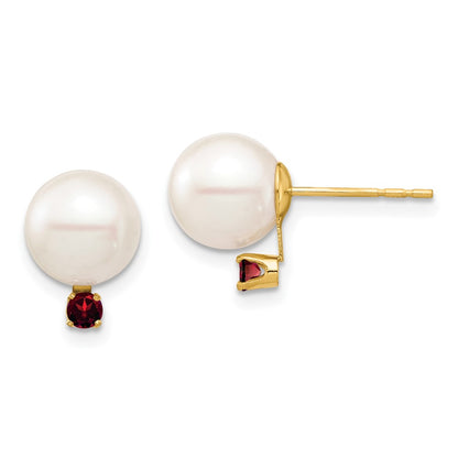 14K Yellow Gold 8 8.5mm White Round Freshwater Cultured Pearl And .18Ga Garnet Post Earrings