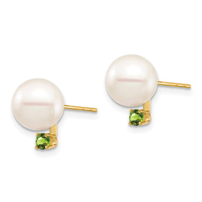14K Yellow Gold 8 8.5mm White Round Freshwater Cultured Pearl And .14Pe Peridot Post Earrings