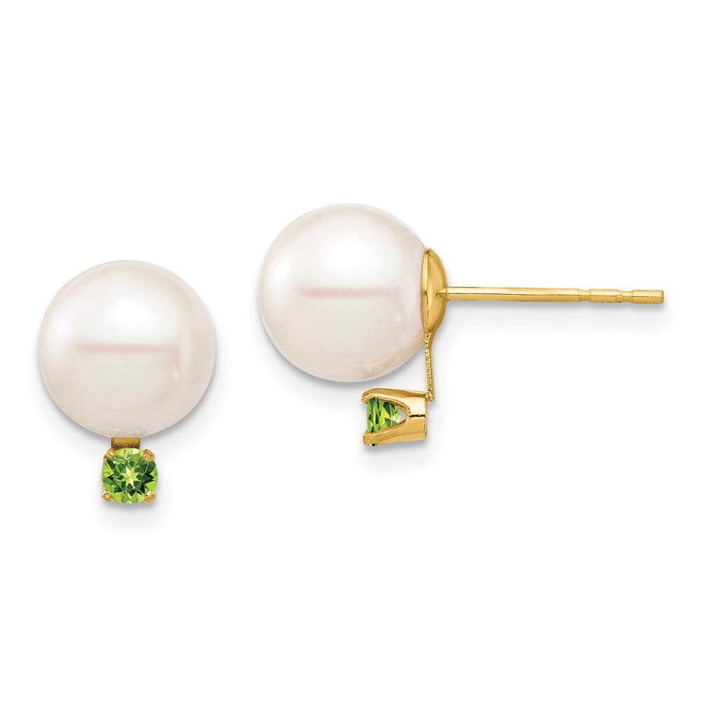 14K Yellow Gold 8 8.5mm White Round Freshwater Cultured Pearl And .14Pe Peridot Post Earrings