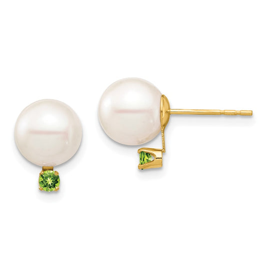 14K Yellow Gold 8 8.5mm White Round Freshwater Cultured Pearl And .14Pe Peridot Post Earrings