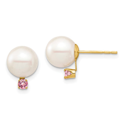 14K Yellow Gold 8 8.5mm White Round Freshwater Cultured Pearl And .14Pt Pink Topaz Post Earrings