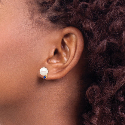14K Yellow Gold 8 8.5mm White Round Freshwater Cultured Pearl And .18Sa Sapphire Post Earrings