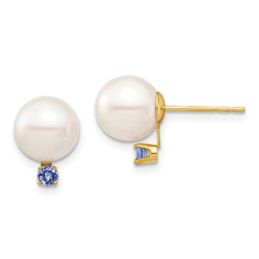 14K Yellow Gold 8 8.5mm White Round Freshwater Cultured Pearl And .14Tz Tanzanite Post Earrings