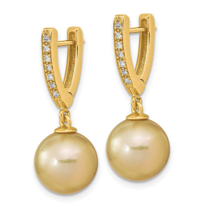 14K Yellow Gold 10 11mm Round Golden South Sea Saltwater Cultured Pearl And .105 Carat Diamond Dangle Earrings