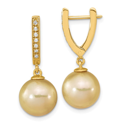 14K Yellow Gold 10 11mm Round Golden South Sea Saltwater Cultured Pearl And .105 Carat Diamond Dangle Earrings