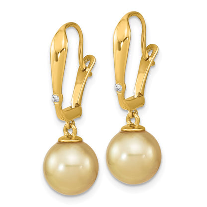 14K Yellow Gold 9 10mm Round Golden South Sea Saltwater Cultured Pearl And .02 Carat Diamond Post Earrings