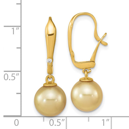 14K Yellow Gold 9 10mm Round Golden South Sea Saltwater Cultured Pearl And .02 Carat Diamond Post Earrings