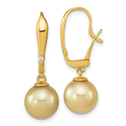 14K Yellow Gold 9 10mm Round Golden South Sea Saltwater Cultured Pearl And .02 Carat Diamond Post Earrings