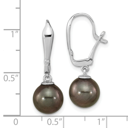 14K White Gold 9 10mm Black Round Tahitian Saltwater Cultured Pearl And .02 Carat Diamond Leverback Dangle Earrings
